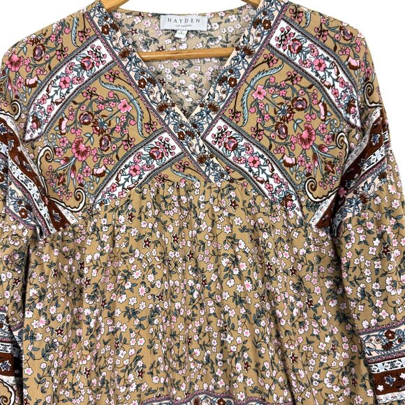 Hayden LA Tan Floral Boho Peasant Blouse Top Sz Small Surplice Flowy Lightweight - Picture 2 of 9